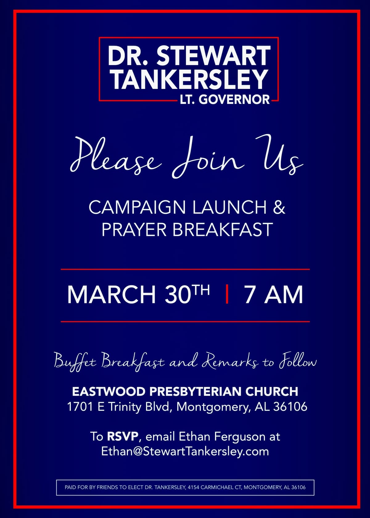 Tankersley to Launch Campaign in Montgomery Monday, March 30