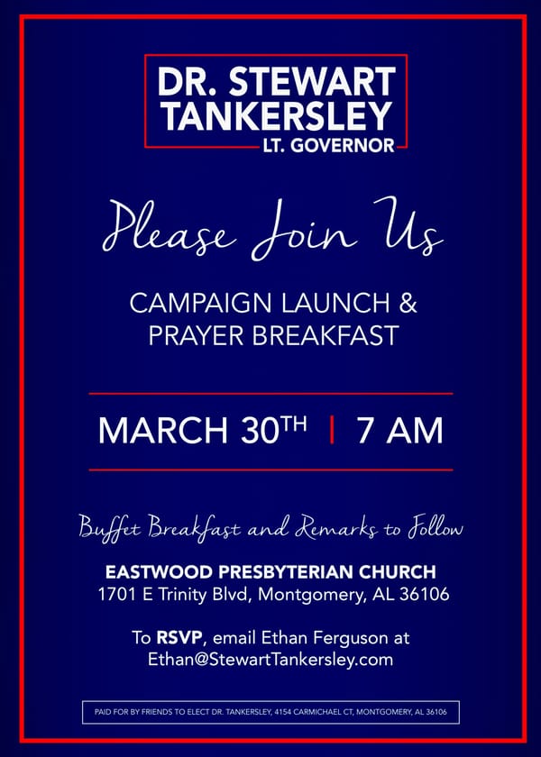 Tankersley to Launch Campaign in Montgomery Monday, March 30
